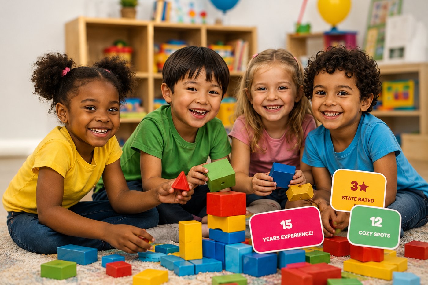 Happy children playing with colorful blocks at Joyner Angels Daycare